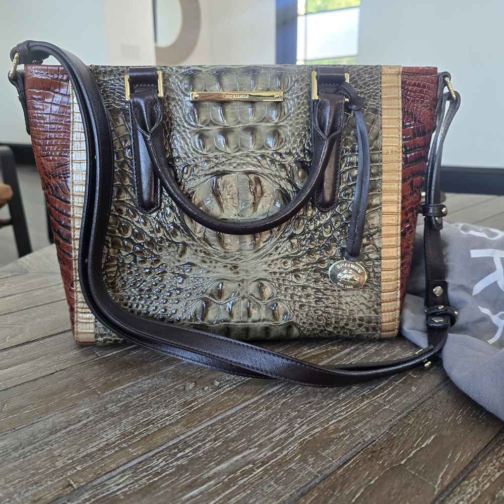 Brahmin Brown and Tan Satchel with Crocodile Embossed Texture